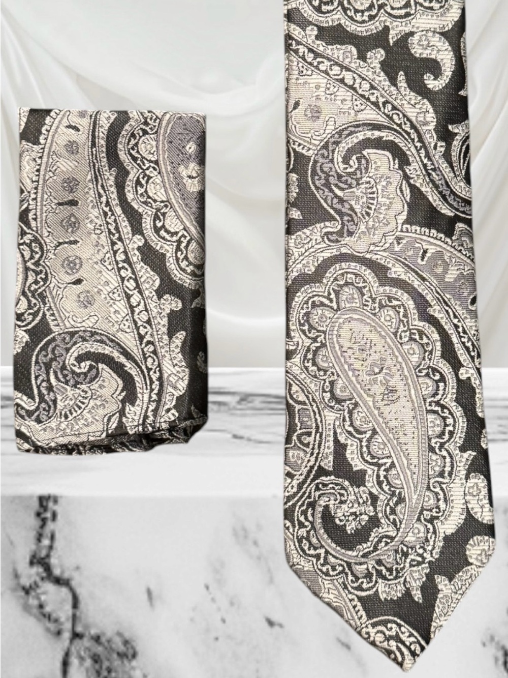 2 for $30 | Stockhomme Black & Silver Paisley Tie and Pocket Square Set